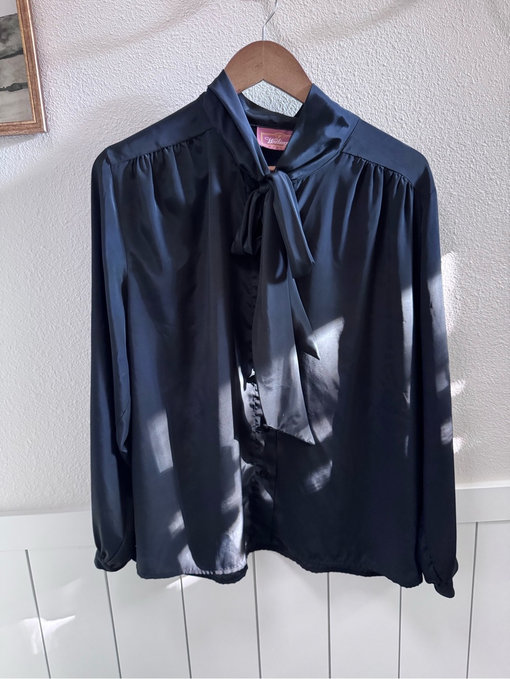 Worthington Black Satin Tie-Neck Dress Shirt with Fabric Button Detail